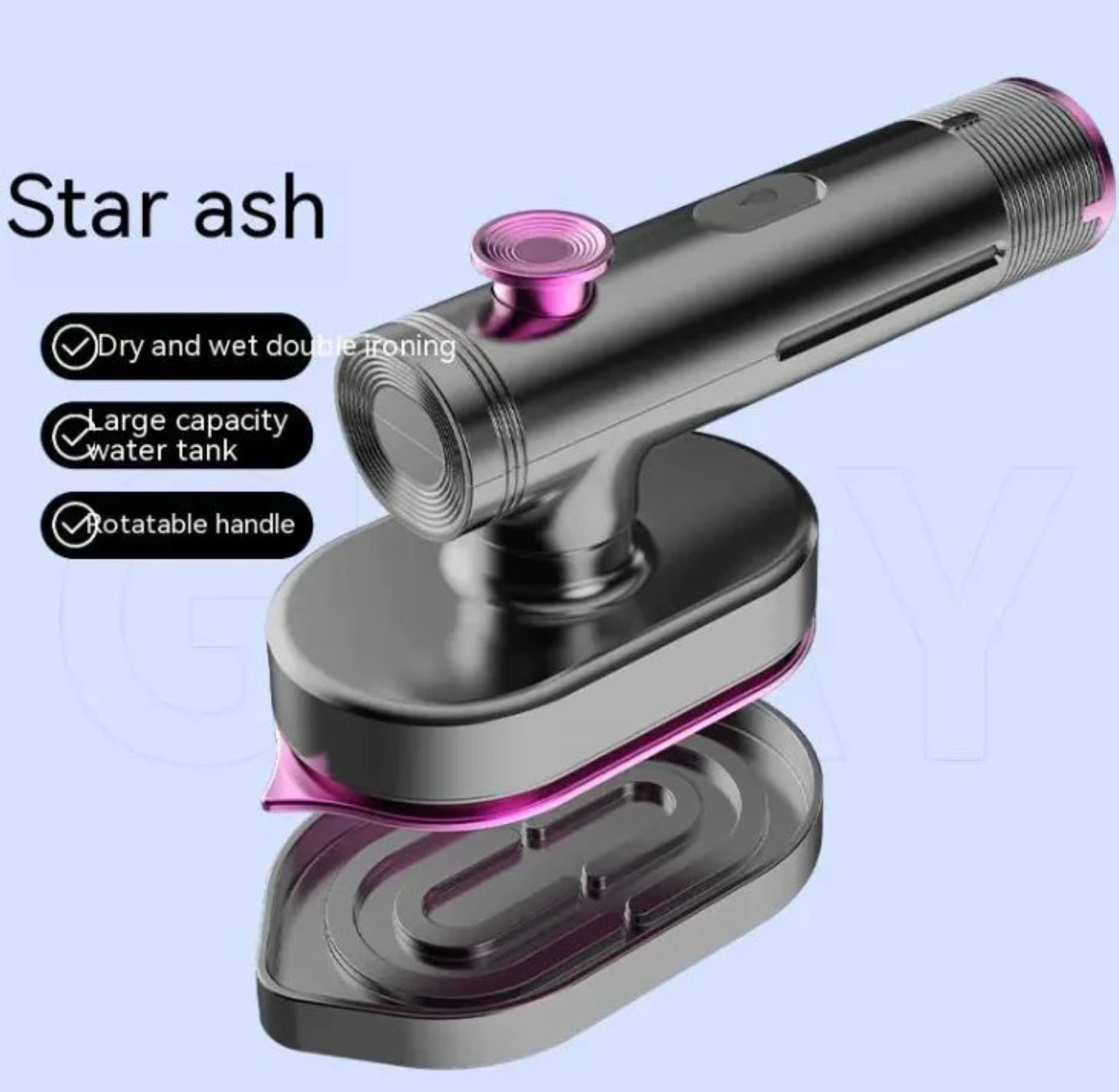 Silver and pink hair straightener with features listed on a light blue background